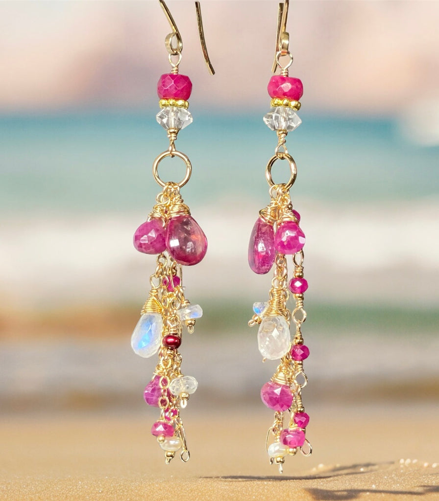 Red Ruby, Pink Sapphire Long Boho Dangle Earrings in Gold Fill with Moonstone