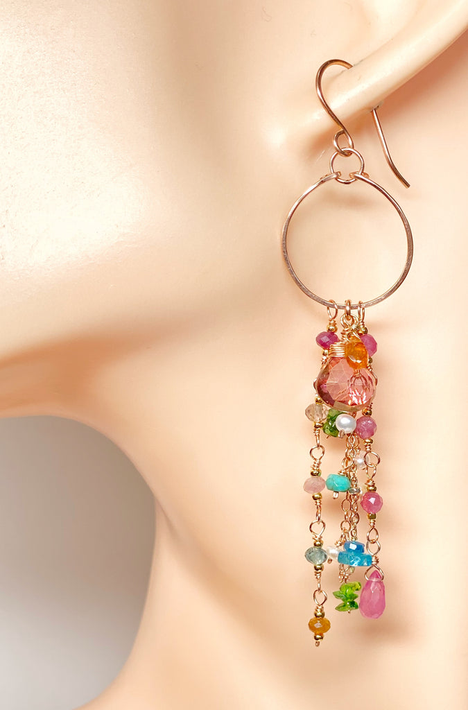 Mystic Pink Topaz Multicolor Gemstone Long Boho Dangle Earrings Rose Gold