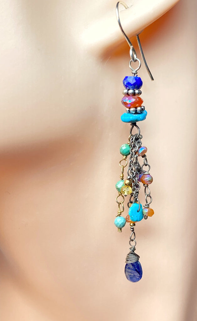 Multi Gemstone Gem Dangle Earrings, Tassel Style, Turquoise, Lapis, Carnelian, Sterling Silver