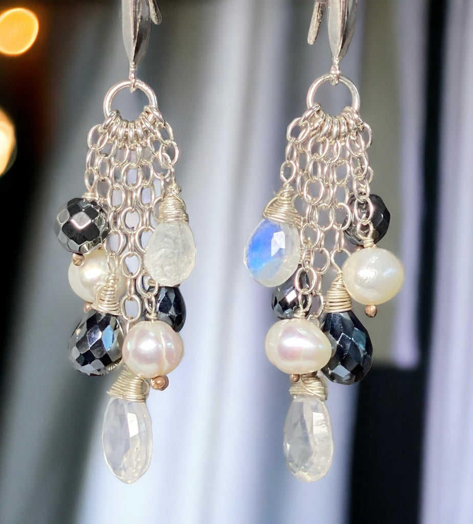 Black and White, Moonstone Black Spinel Dangle Earrings, Sterling SIlver