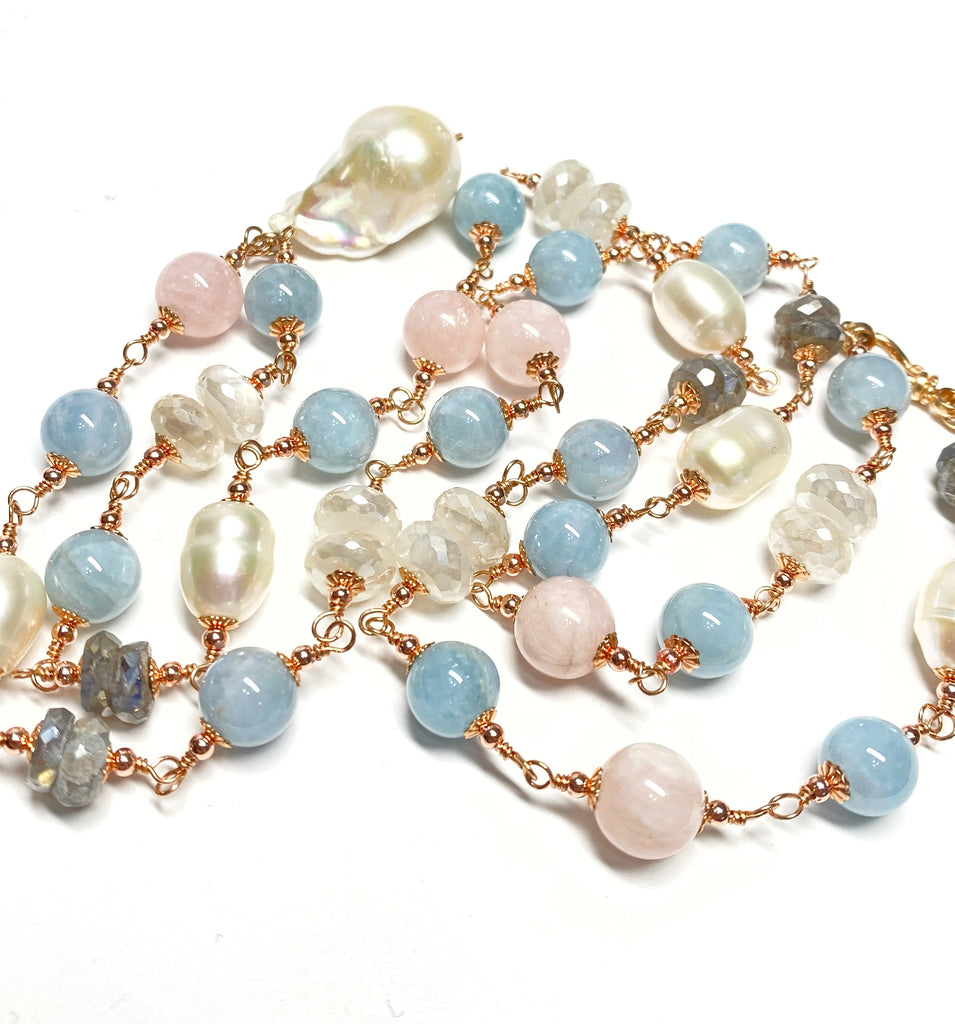 Long Blue Aquamarine Necklace Rose Gold, Pearl Gemstone Sautoir Wire Wrapped