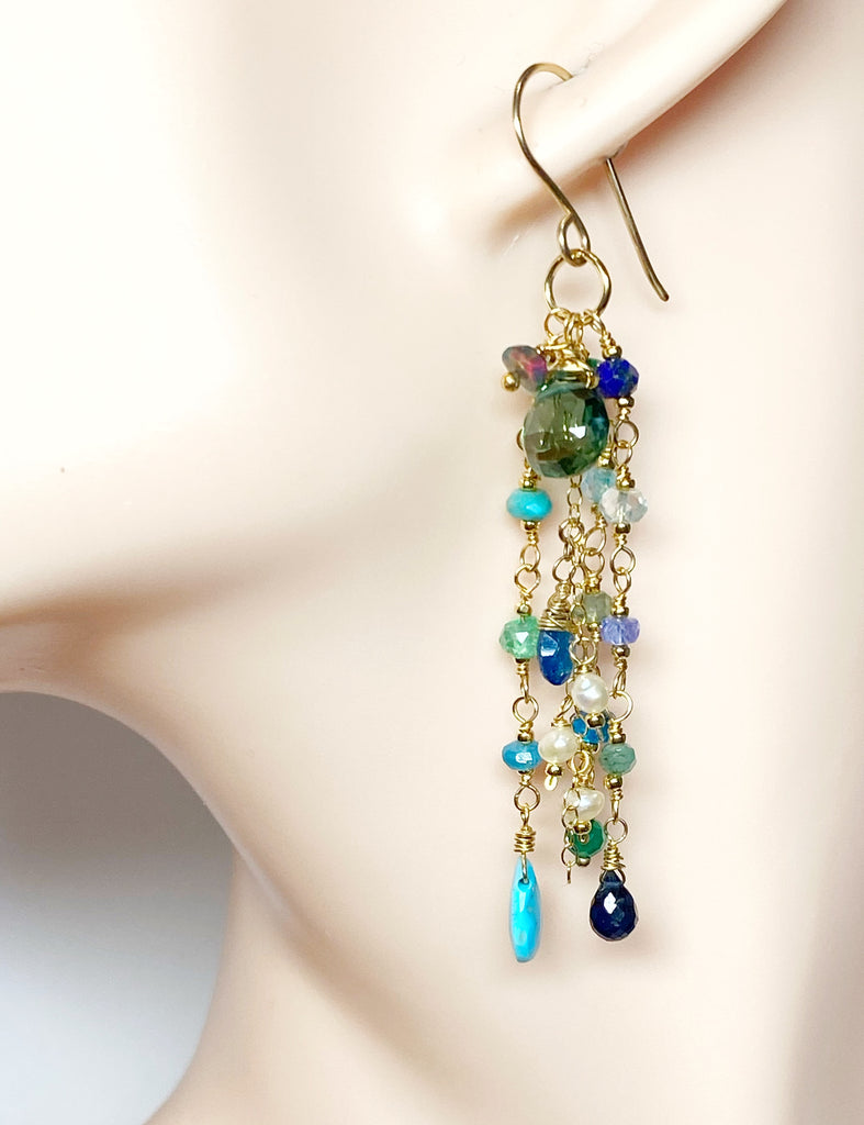 Blue Green Turquoise Multi Gemstone Dangle Earrings Gold Fill
