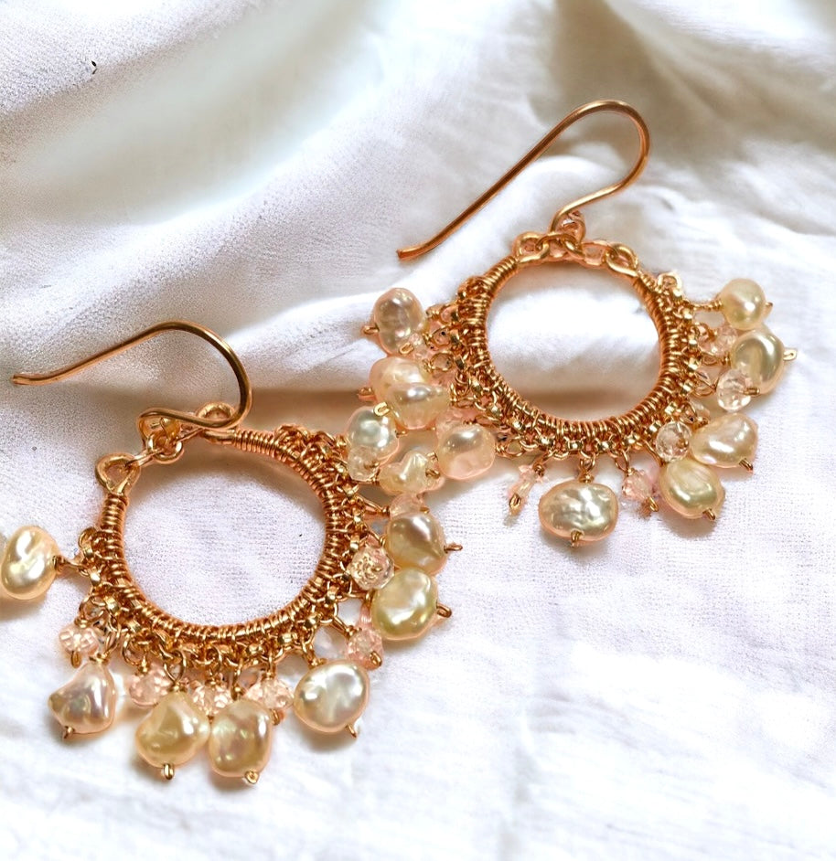 Rose Gold Keishi Pearl and Crystal Hoop Earrings