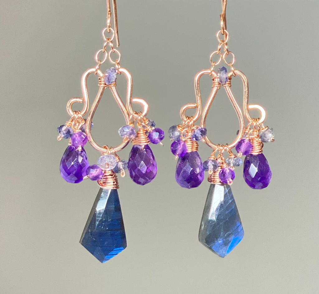 Blue Labradorite and Amethyst Handmade Chandelier Earrings, Rose Gold Fill