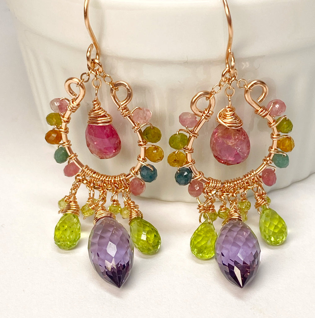 Rose Gold Chandelier Earrings: Pink Tourmaline, Peridot, Amethyst