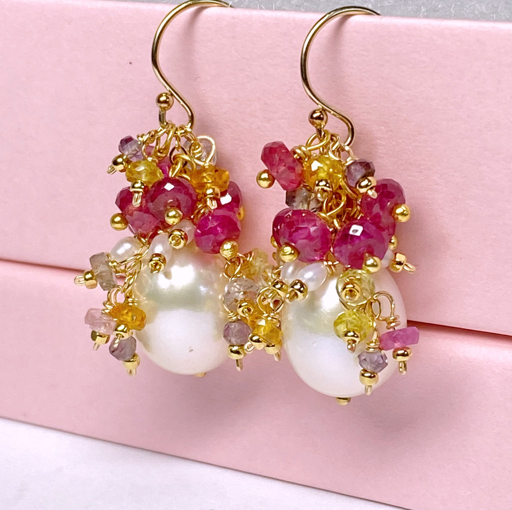 Pearl and Pink Sapphire Cluster Earrings Gold 2