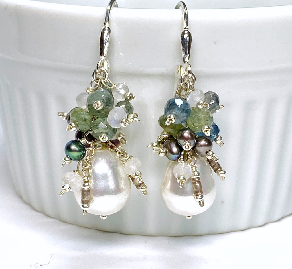 Moss Aquamarine and Pearl Cluster Earrings, Sterling Silver