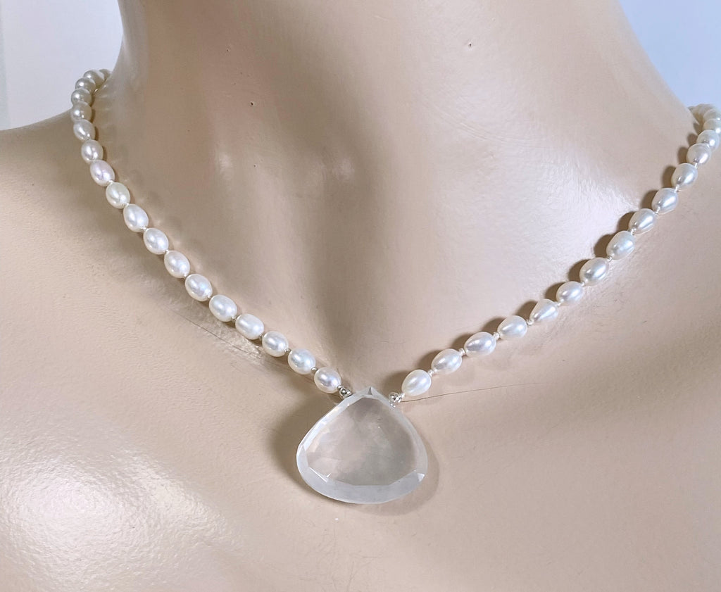 White Quartz Pendant Hand Knotted Pearl Necklace, Sterling Silver