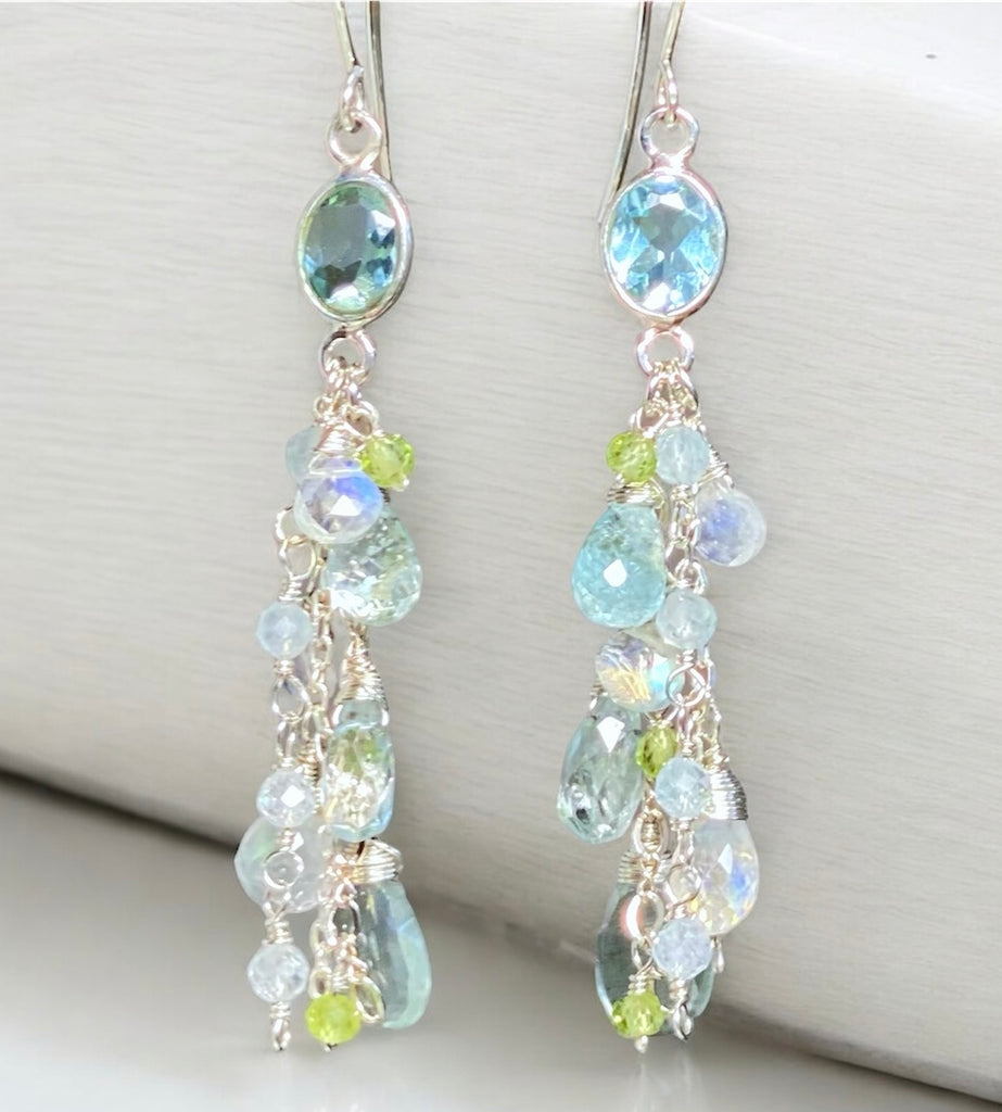 Blue Topaz, Peridot Long Gem Dangle Earrings Sterling Silver