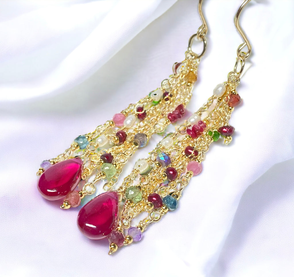 wire wrapped tassel dangle earring with tourmalines, chrome diopside, spinel pearls and rubellite corundum quartz briolettes earrings