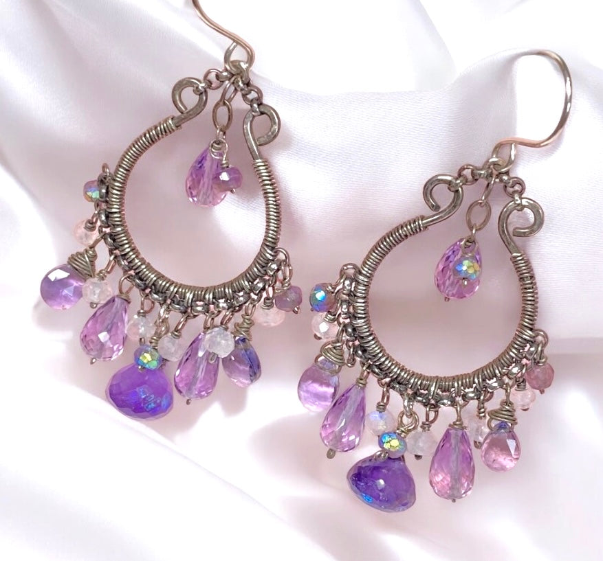 Blue Violet Oxidized Silver Hoop Chandelier Earrings Iolite, Lavender, Purple Amethyst