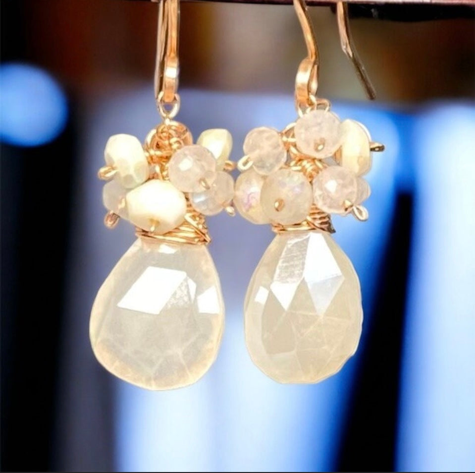 Mystic Ivory Chalcedony Cluster Earrings Rose Gold