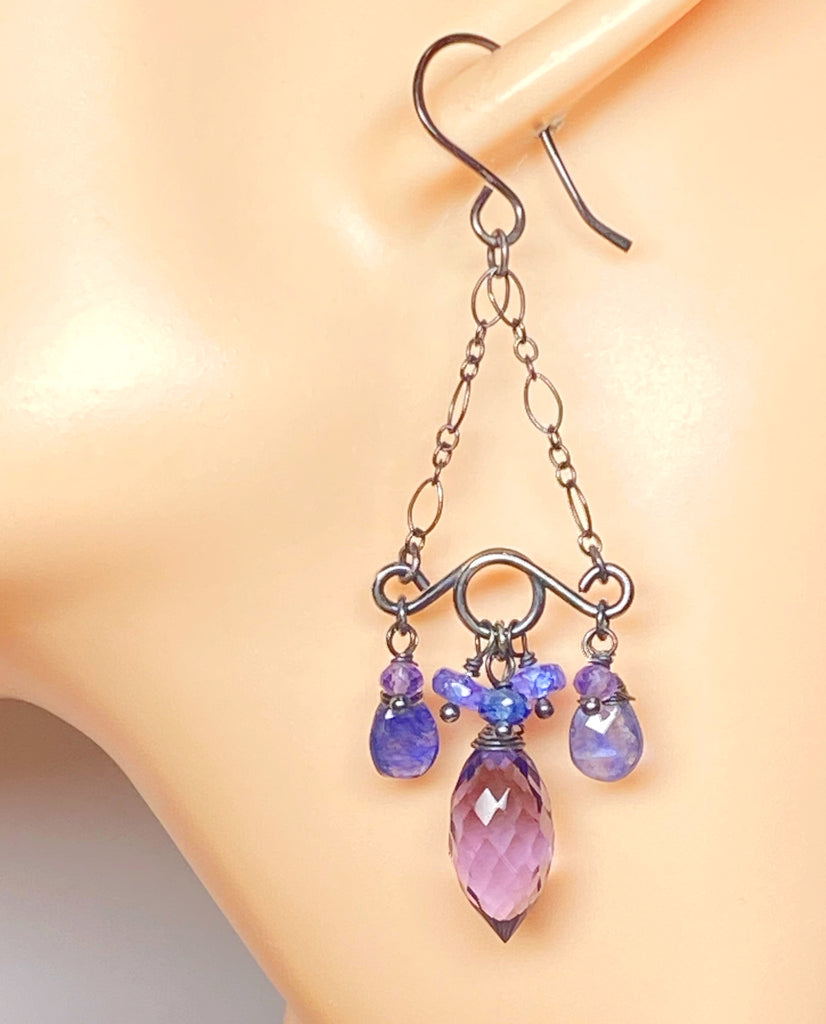 Blue Purple Gemstone Handmade Chandelier Earrings Oxidized Silver Tanzanite