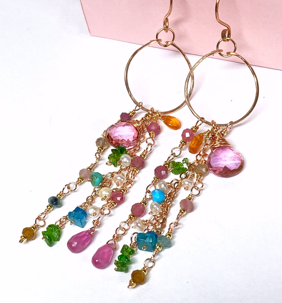 Mystic Pink Topaz Multicolor Gemstone Long Boho Dangle Earrings Rose Gold