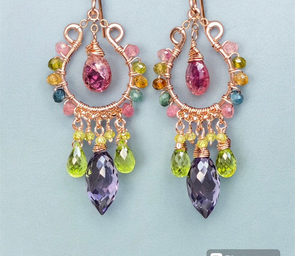 Rose Gold Chandelier Earrings: Pink Tourmaline, Peridot, Amethyst