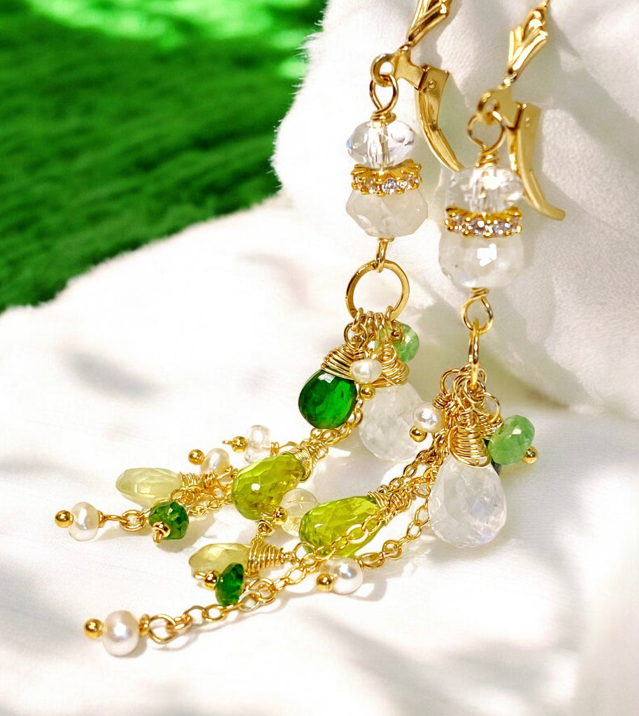 Green Gemstone Boho Dangle Earrings Peridot Chrome Diopside Tsavorite Gold 2