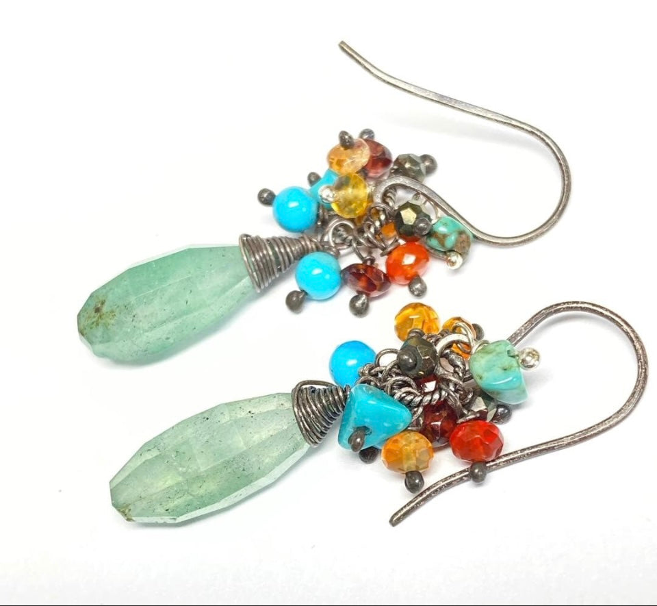 Green Aventurine Cluster Earrings with Fire Opal, Turquoise & Garnet
