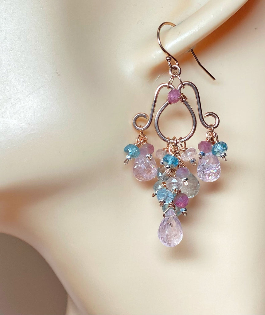 Aquamarine, Morganite Gemstone Chandelier Earrings in Rose Gold Fill