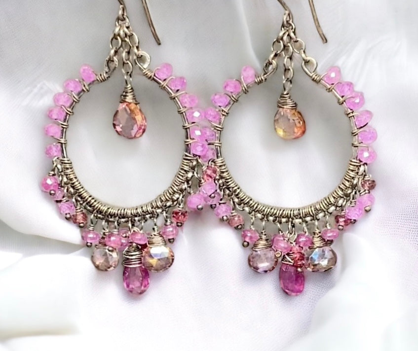 pink sapphire oxidized sterling silver statement chandelier hoop earrings