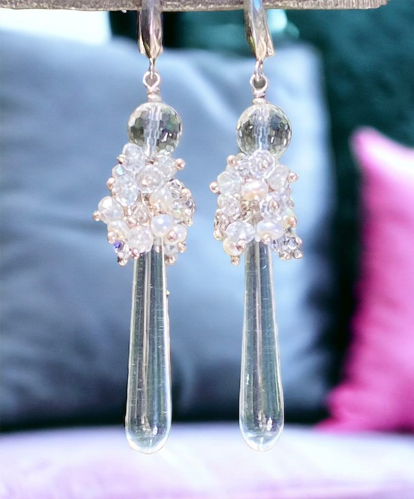 Pearl Cluster Long Crystal Quartz Drop Wedding Earrings - Doolittle