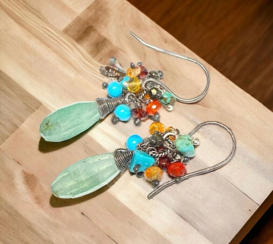 Green Aventurine Cluster Earrings with Fire Opal, Turquoise & Garnet