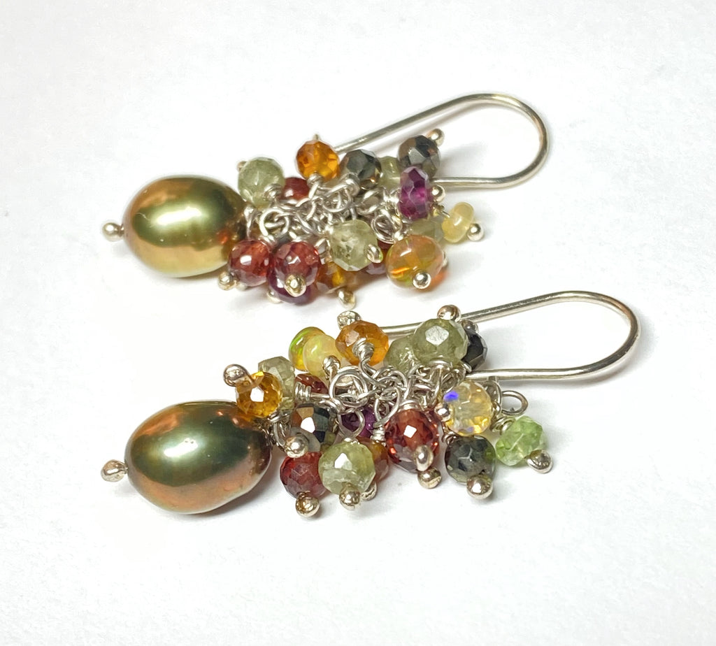 Olive Green Pearl Gemstone Cluster Earrings Sterling Silver with Opals