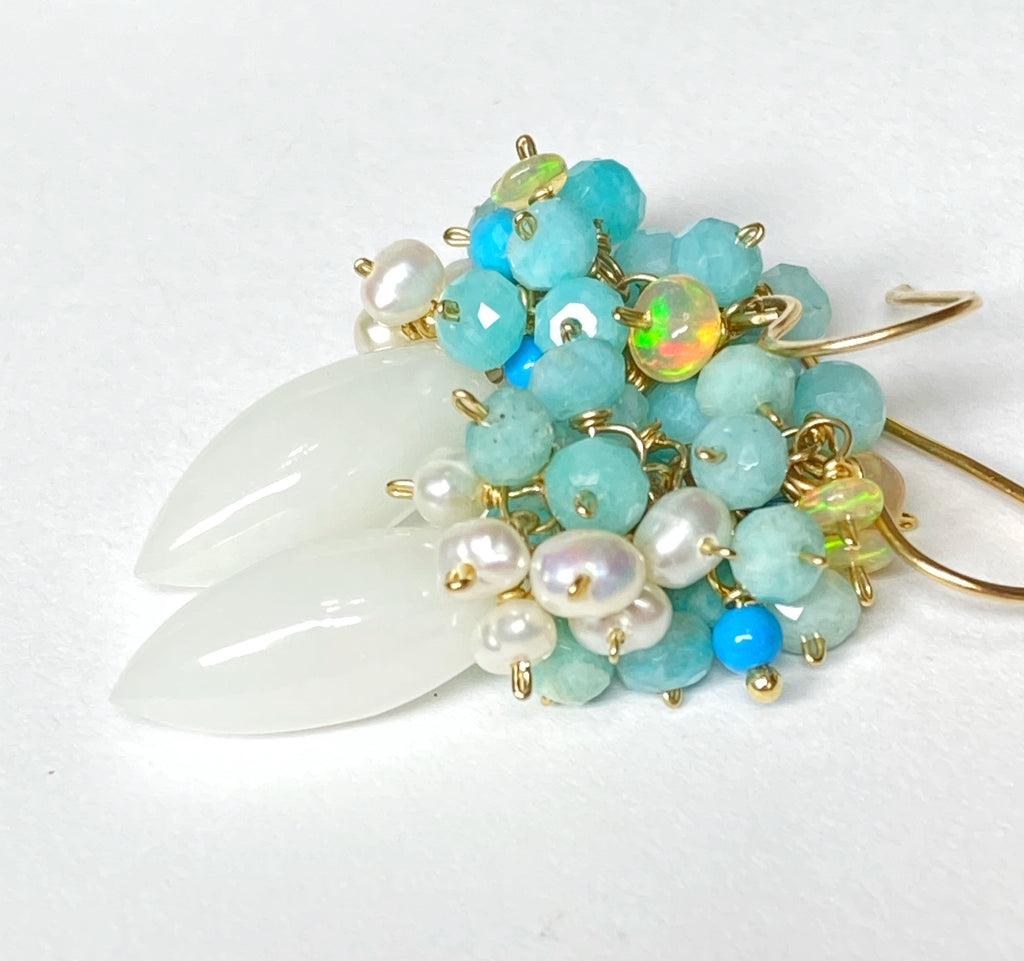 White Earrings with Amazonite Opal Pearl Clusters 2