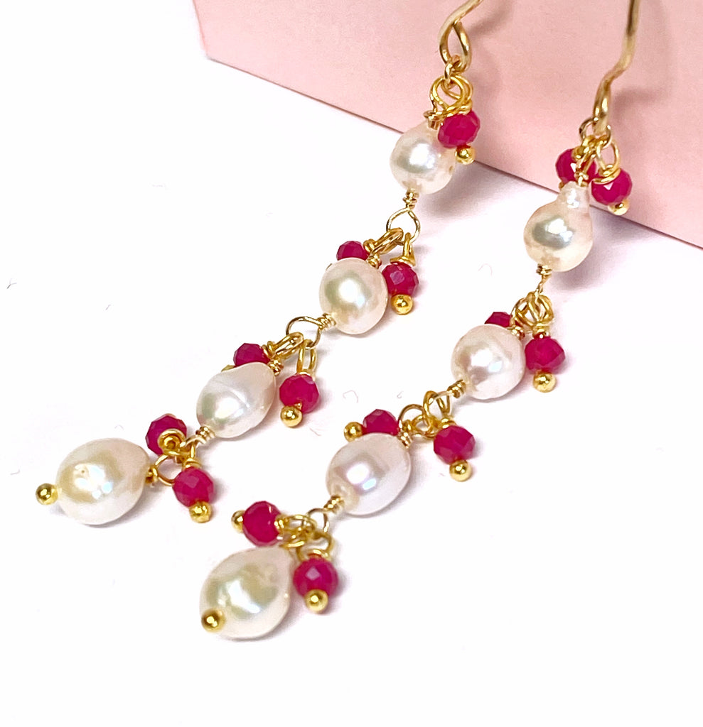 Ruby and Pearl Long Dainty Earrings Gold Fill