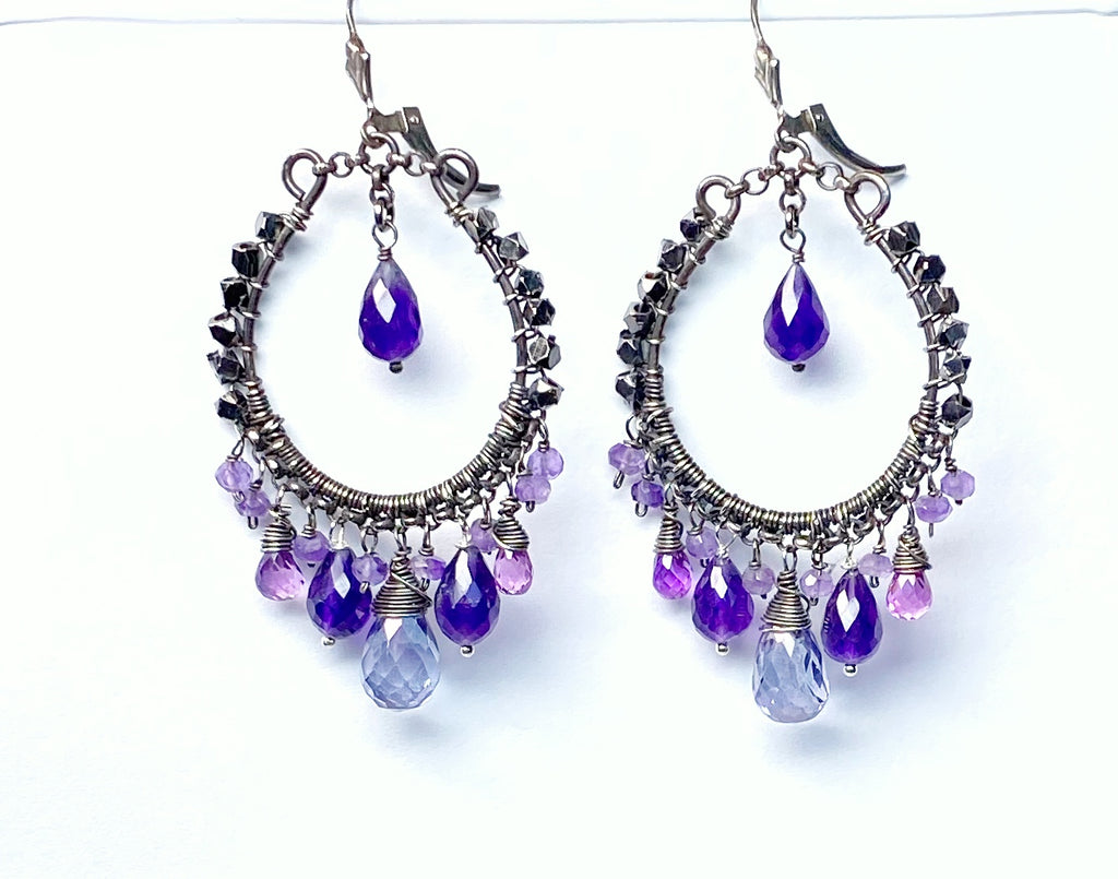 Boho Hoop Earrings Oxidized Sterling Silver Blue Violet Gemstones