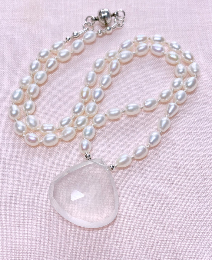 White Quartz Pendant Hand Knotted Pearl Necklace, Sterling Silver