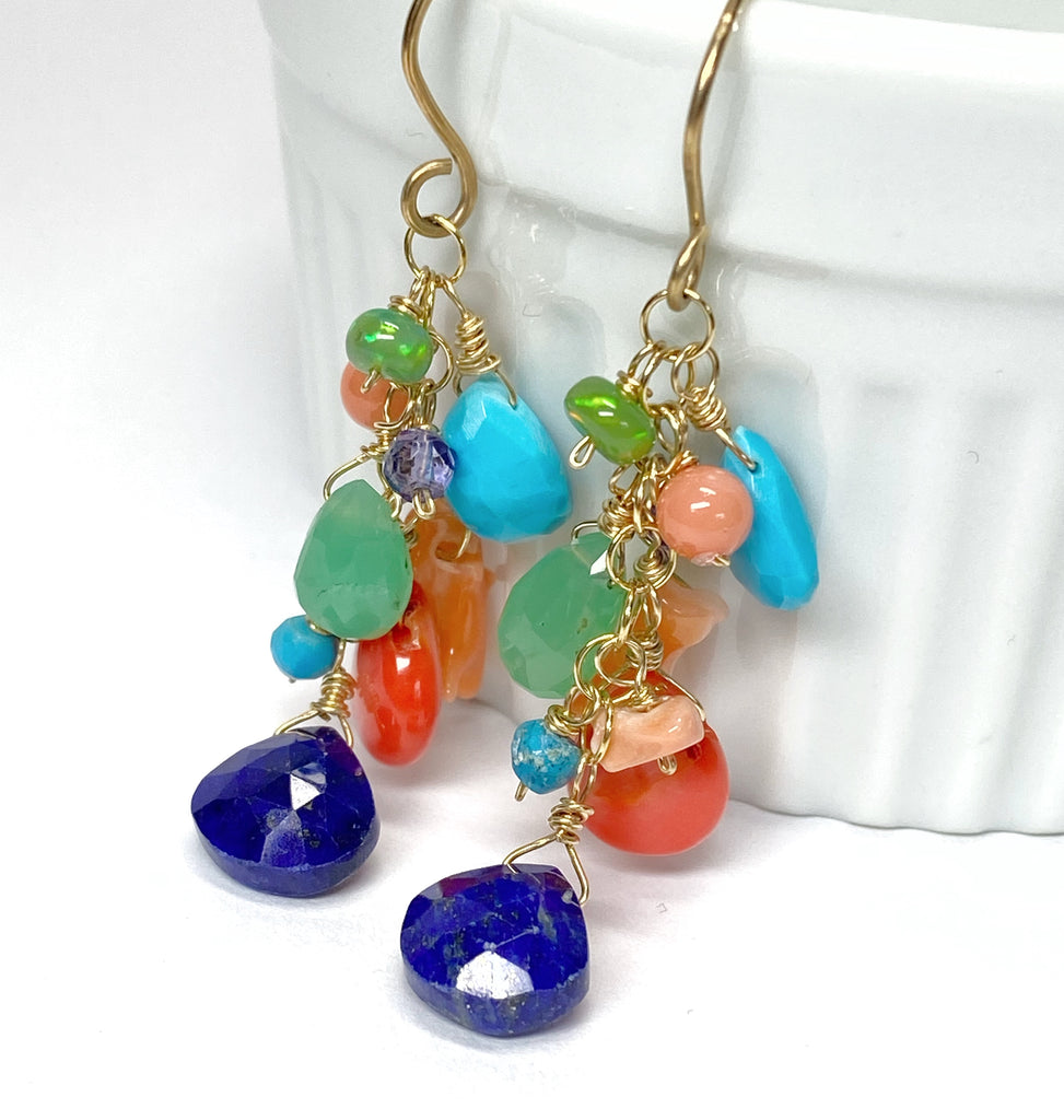 Multi Gemstone Gold Dangle Earrings Coral Blue Lapis Turquoise