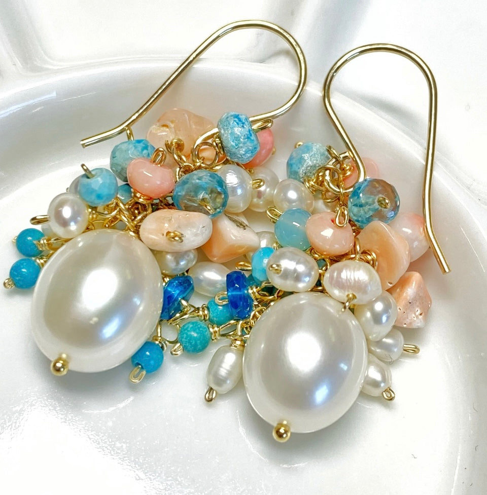 Turquoise Coral Pearl Cluster Earrings 2