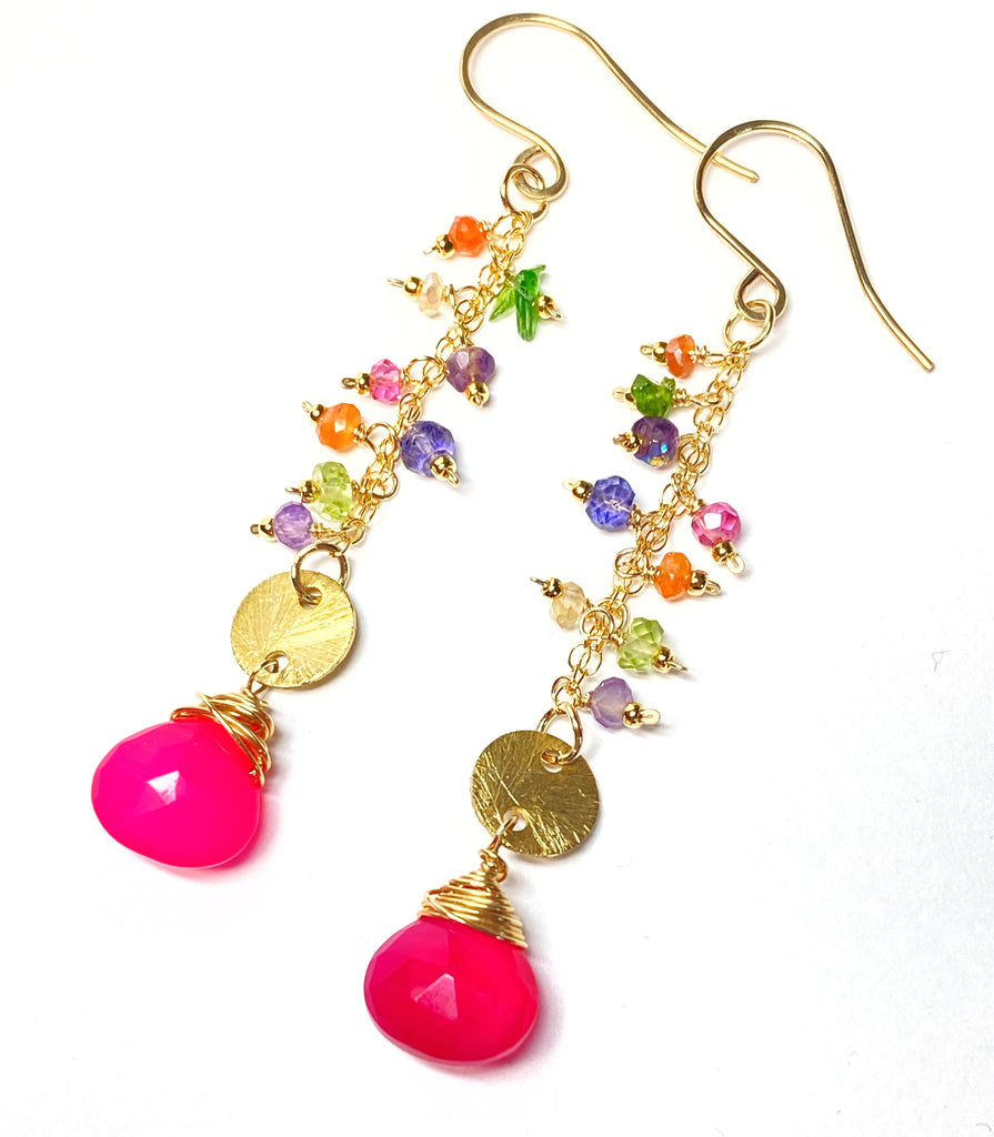 Hot Pink Chalcedony Long Gemstone Dangle Earrings Gold Fill