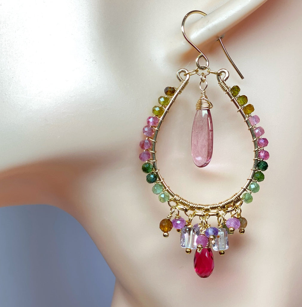 Tourmaline Gemstone Gold Fill Hoop Chandelier Earrings