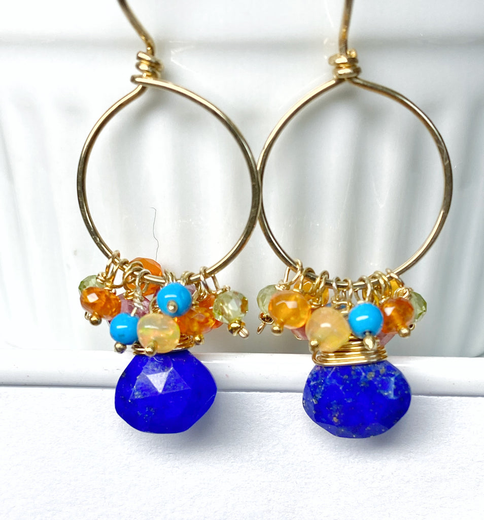 Mexican Fire Opal, Peridot, Opal and Blue Lapis Earrings Gold Fill