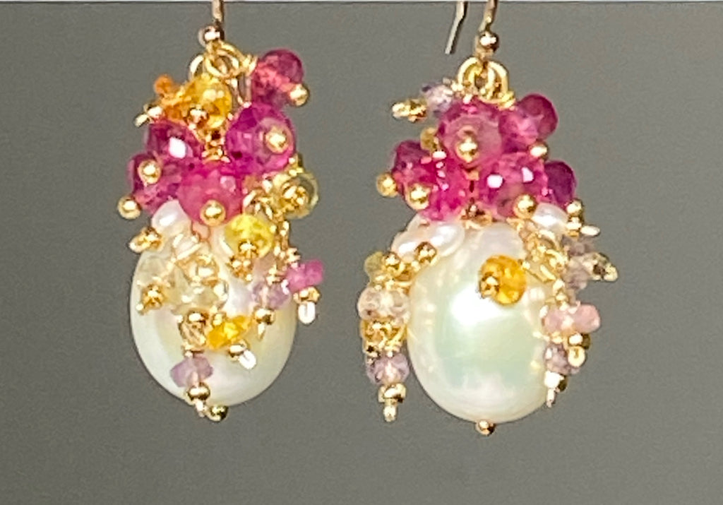 Pearl and Pink Sapphire Cluster Earrings Gold 2