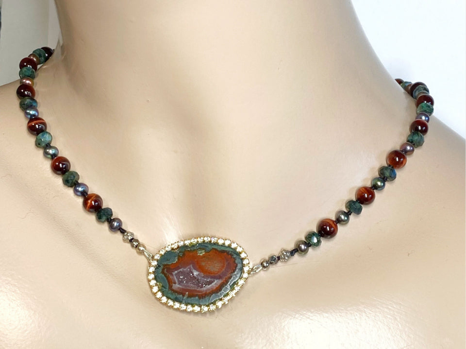 Tabasco Geode and Pearl Necklace, Diamond Style