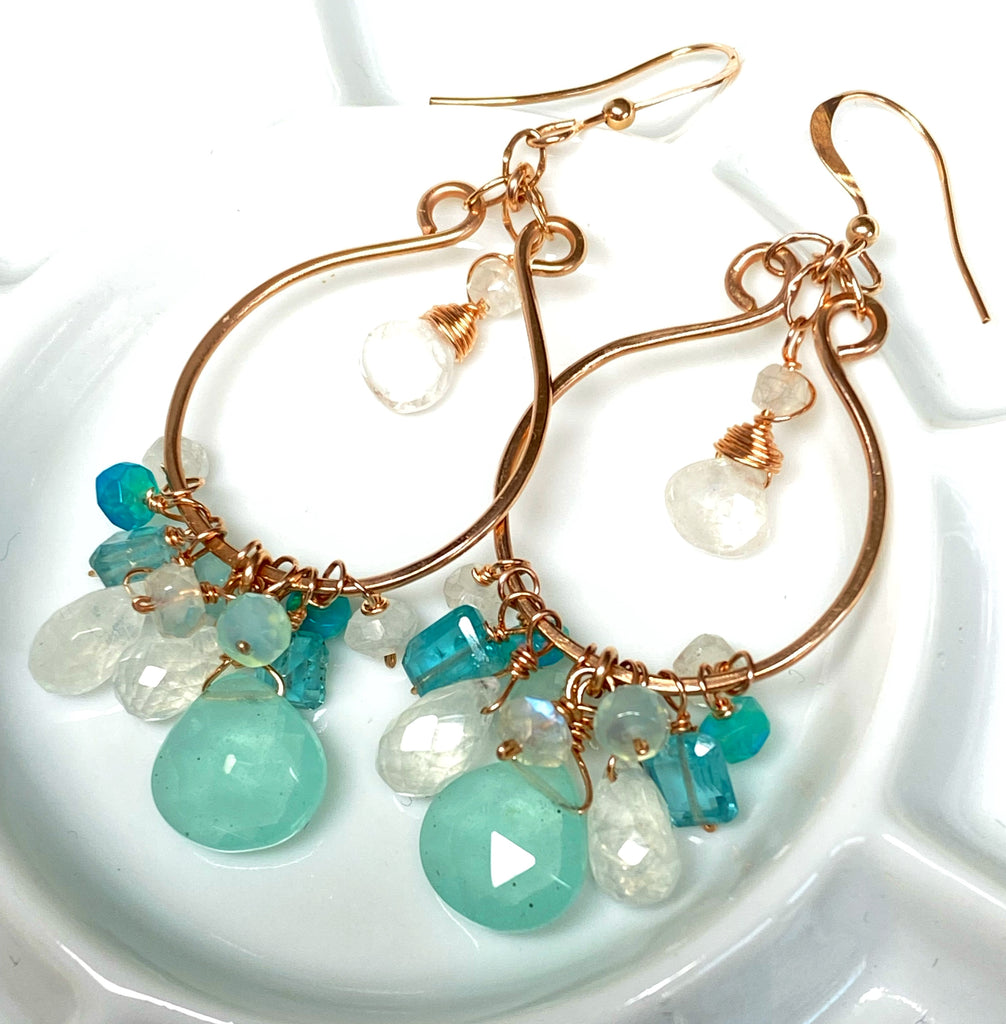 Aqua Chalcedony Rose Gold Hoop Chandelier with Opal, Moonstone, Apatite