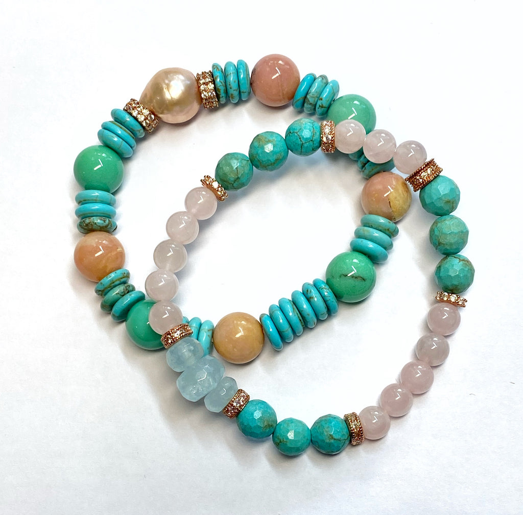 Turquoise Rose Quartz Aquamarine Stretch Bracelet Set of 2 Rose Gold