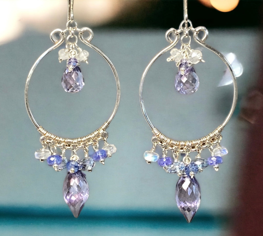 blue violet gemstone sterling silver chandelier hoop earrings handmade