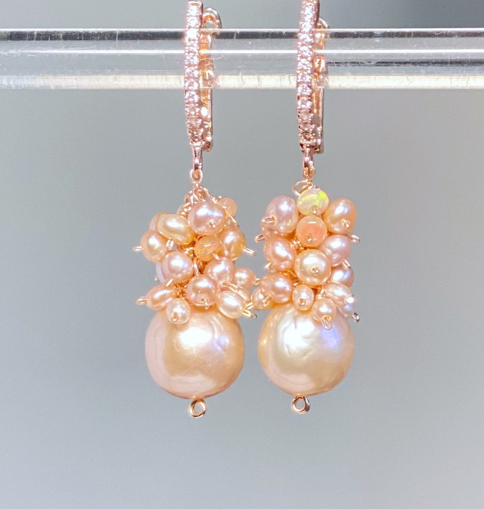 Pink Blush Pearl Cluster Earrings Rose Gold