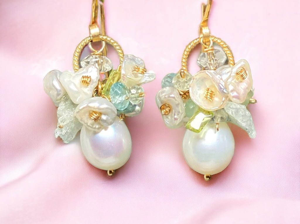 Ivory white baroque pearls earrings with clusters of keishi pearls, aquamarine, blue zircon, peridot and Herkimer crystals