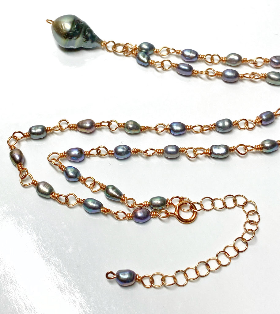 Tahitian Pearl Pendant Necklace Wire Wrapped Rosary Style Rose Gold Fill