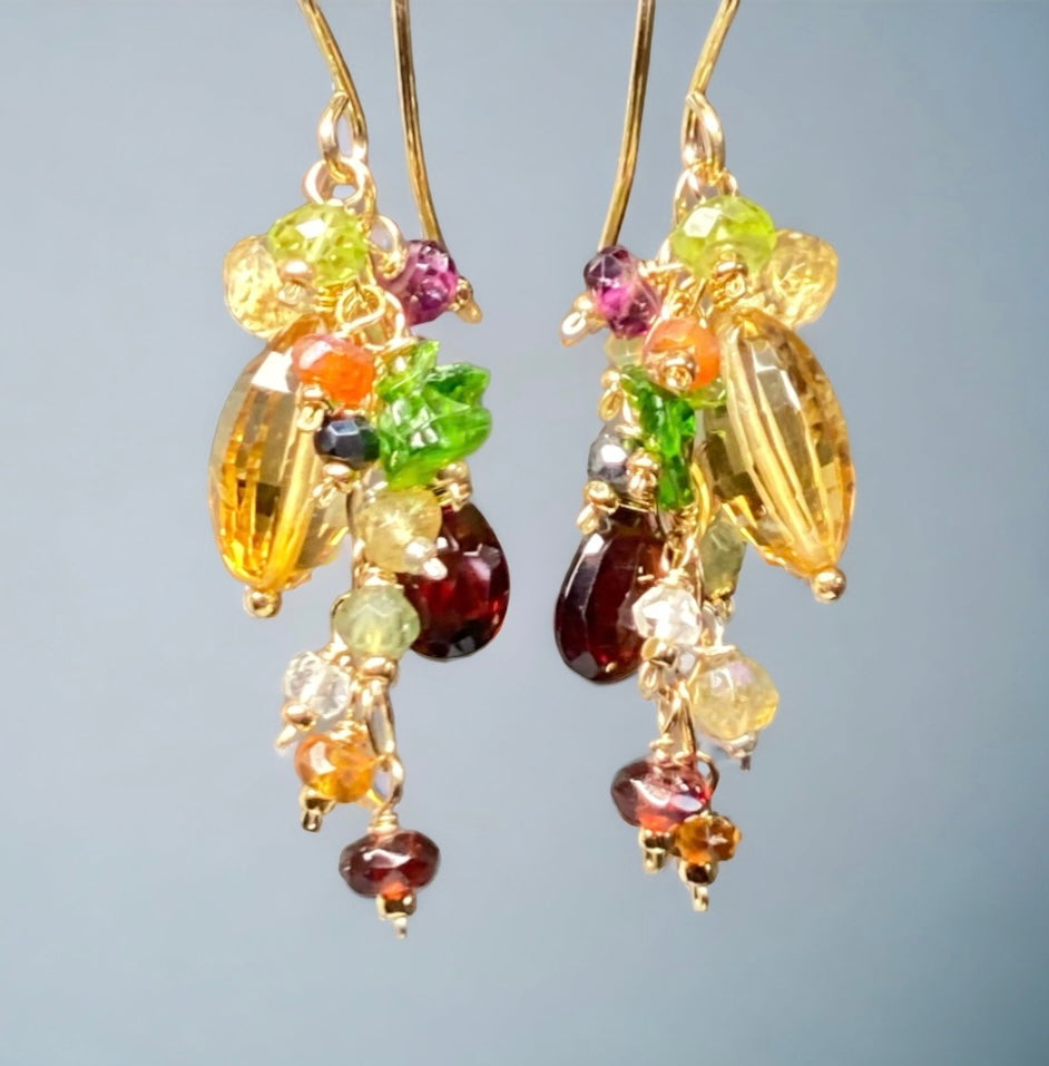 Citrine Dangle Earrings with Multi Gemstone Cluster, Garnet, Opal, Chrome Diopside