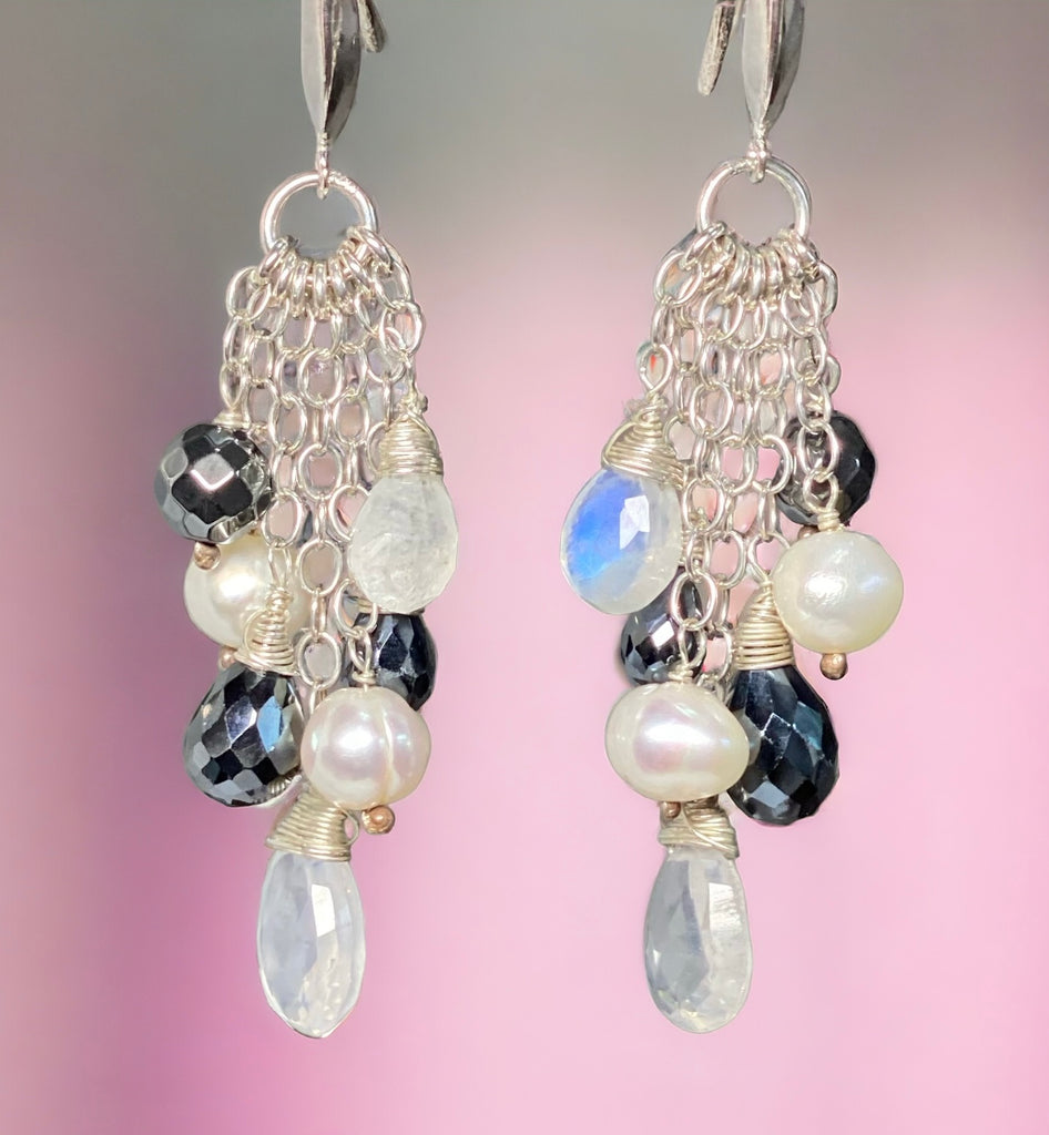 Black and White, Moonstone Black Spinel Dangle Earrings, Sterling SIlver