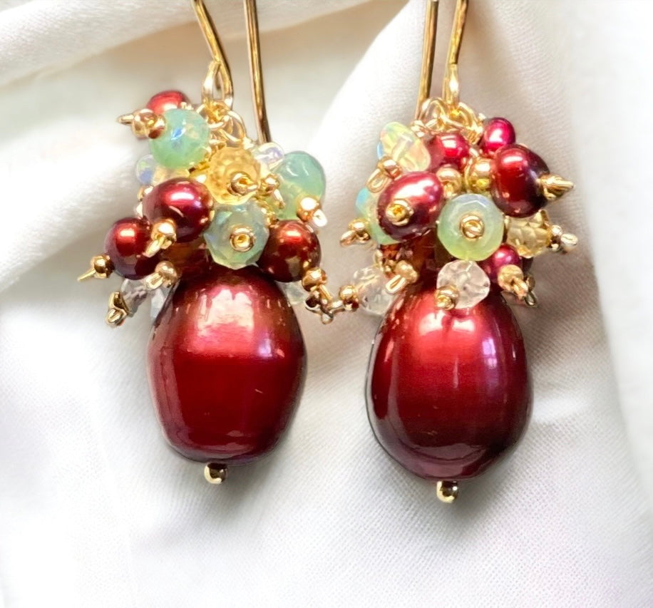 Red Pearl and Gemstone Cluster Earrings, Gold, Christmas Earrings