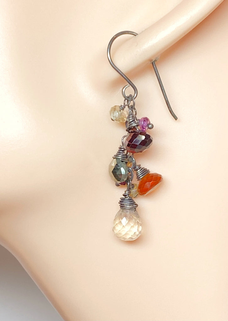 Garnet Oxidized Silver Multicolor Gem Dangle Earrings