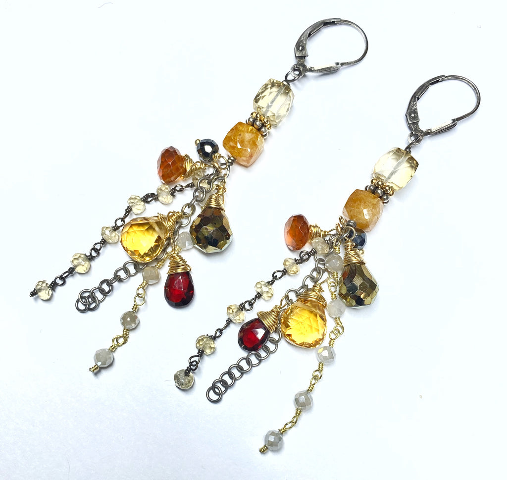 Citrine Garnet Mixed Metal Long Boho Dangle Earrings Oxidized Silver Gold Fill