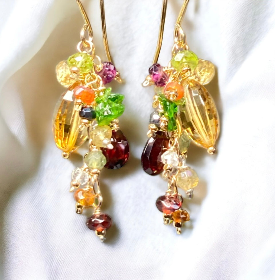 Citrine Dangle Earrings with Multi Gemstone Cluster, Garnet, Opal, Chrome Diopside