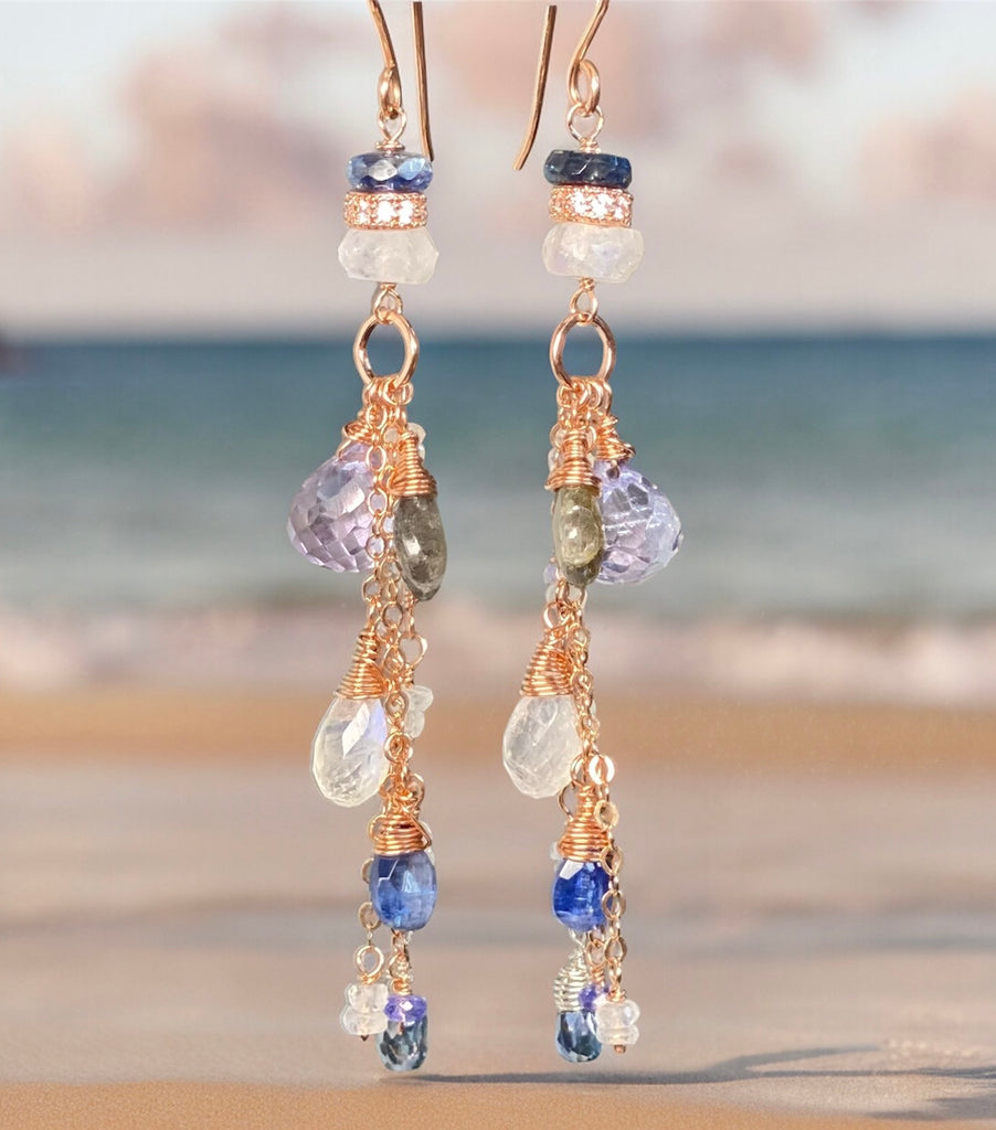 Rainbow Moonstone, Labradorite, Kyanite, Rose Gold Long Boho Earrings Blue White